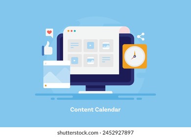 Content Calendar for social media marketing, Social media scheduler for posting content on social media, Content marketing tool - vector illustration with icons