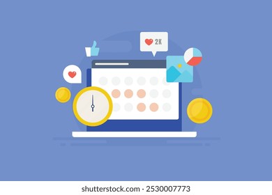 Calendário de conteúdo, Agendador de postagem de mídia social, Postar conteúdo nas mídias sociais, Hora do público de mídia social ativo - ilustração vetorial com ícones