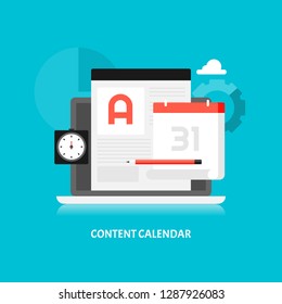 Content Calendar, Content Writing, Development, Marketing, Schedule Flat Design Vector Illustration