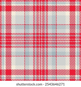 Content check seamless texture, warmth tartan background vector. Workshop textile plaid pattern fabric in red and light gray colors palette.