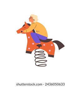 A content child enjoys a gentle ride on a spring horse, depicted with bright colors and playful charm in this vector illustration.