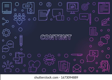 Content concept colorful thin line horizontal frame or banner. Vector illustration on dark background