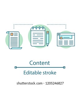 Content concept icon. Copywriting idea thin line illustration. Social media post publishing. Text writing. Vector isolated outline drawing. Editable stroke