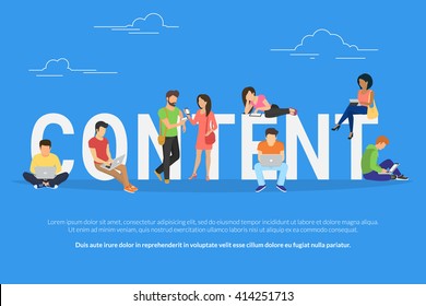 Content concept illustration of young various people using laptop, tablet pc and smartphone to use social networks and websites. Flat big letters content and guys and young women standing near 