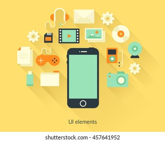 Content concept a mobile phone with documents and devices in flat design style.  Infographics and multimedia icons. Vector illustration.