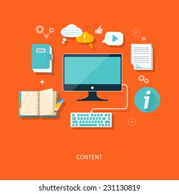 Content concept monitor with keyboard and documents in flat design style