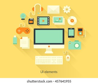 Content concept monitor with keyboard, documents and devices in flat design style.  Infographics and multimedia icons. Vector illustration.