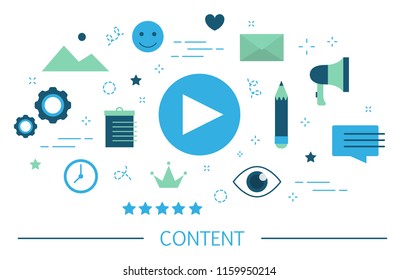 Content concept. Share content in the internet. Idea of social media and network. Feedback, communication and popularity. Set of colorful icons. Isolated flat vector illustration