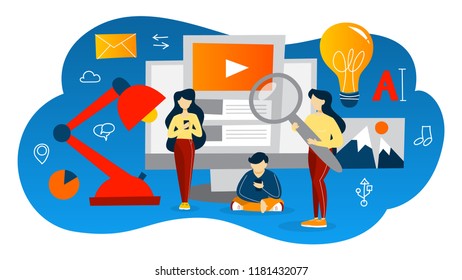 Content concept. Share content in the internet. Idea of social media and network. Feedback, communication and popularity. Set of colorful icons. Isolated flat vector illustration