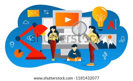 Content concept. Share content in the internet. Idea of social media and network. Feedback, communication and popularity. Set of colorful icons. Isolated flat vector illustration
