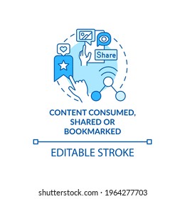 Content consumed, shared, bookmarked blue concept icon. Social media engagement. User action. Smart content idea thin line illustration. Vector isolated outline RGB color drawing. Editable stroke