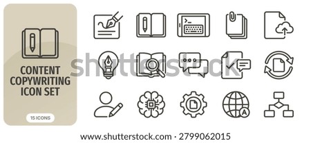 Content copywriting icon set, vector line icons for content creation, blogging, digital marketing, seo, and copywriting services