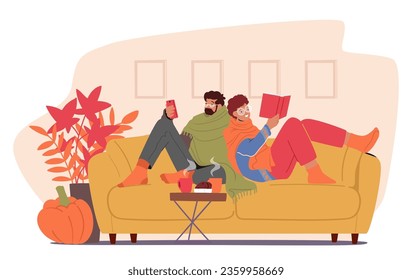 La Pareja De Contenidos Se Escurrió En El Sofá, Engrosada En Un Libro Y Teléfono, Tomando El Calor De Las Hues De Otoño. Caracteres masculinos y femeninos abrazando momentos hogareños acogedores. Ilustración de vectores de personas de caricatura