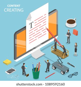 Content creating flat isometric vector concept. Group of people are creating a text at the document that is sticking out of the PC monitor.