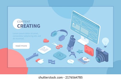 Creación de contenido Estrategia de marketing. Gestión y planificación de contenido, análisis y optimización. Isometric vector ilustración para banner, sitio web.	
