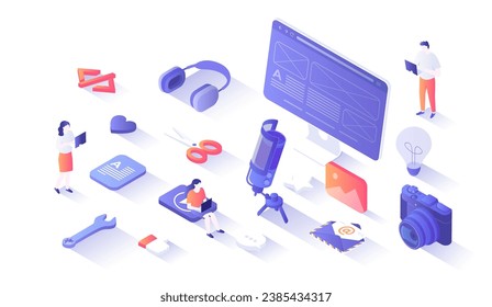 Marketingstrategie zur Erstellung von Inhalten. Content Management und Planung, Analyse und Optimierung. Isometrie-Illustration mit Menschen-Szene für Web-Grafik.	
