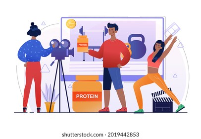 Content creation about sports nutrition and fitness training. Creative famous influencer shooting vlogging occupation. Flat abstract metaphor cartoon vector concept design isolated on white background