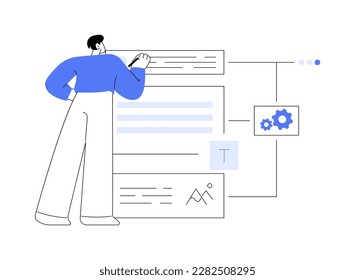 Ilustración vectorial de concepto abstracto de creación de contenido. Escritura de copias de marketing digital, contenido atractivo, creación de mensajes específicos, búsqueda de sitios web, diseño de publicaciones de blogs, metáfora abstracta de medios sociales.