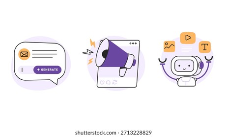 Creación de contenido con IA. Tecnología moderna para escribir correos electrónicos, promoción y creación de contenido. Ilustraciones vectoriales en estilo plano aisladas sobre un fondo blanco.