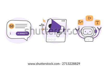 Content creation with AI. Modern technology for writing emails,  promotion, and content creation. Vector illustrations in flat style isolated on a white background.