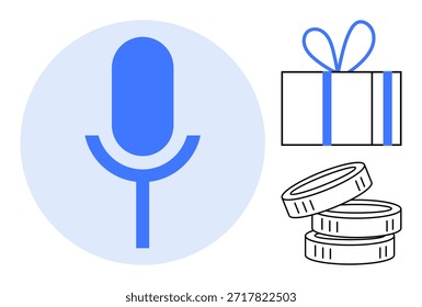 Creación de contenido, producción de audio, monetización, recompensas digitales, podcasting, difusión. Icono de micrófono azul, caja de regalo y pila de monedas sobre fondo blanco. Producción y monetización de audio