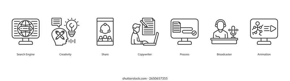 content creation banner web icon set vector illustration concept with icon of search engine, creativity, share, copywriter, process, broadcaster, animation