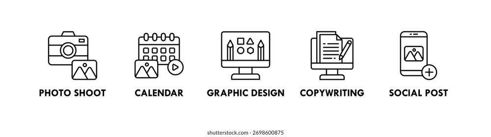 Criação de conteúdo banner web icon illation concept with icon of photo audit, calendar, graphic design, copywriting, and social post Portal da arte Portal da arte Portal da arte Portal da arte