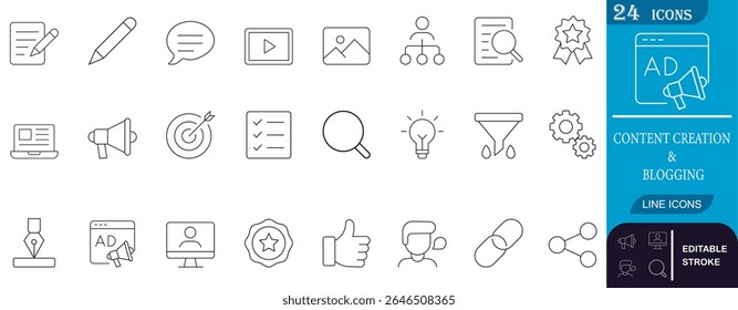 Criação de conteúdo e blogs, conjunto de ícones de linha. Perfeito para escrita, vídeo, gráficos, marketing, SEO e publicação. Aumente sua criatividade na produção de conteúdo digital.