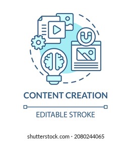 Content creation blue concept icon. Online entrepreneur skill abstract idea thin line illustration. Generating topic ideas. Digital marketing. Vector isolated outline color drawing. Editable stroke