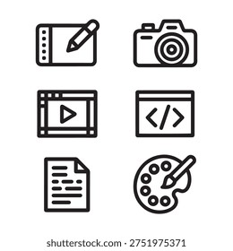 content creation camera video coding document design palette line icon set