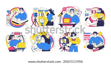 Content creation. Cartoon trendy man and woman characters record podcast and vlog, upload on social network sites. Vector bloggers and influencers