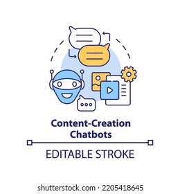 Content creation chatbots concept icon. AI integration in marketing abstract idea thin line illustration. Isolated outline drawing. Editable stroke. Arial, Myriad Pro-Bold fonts used