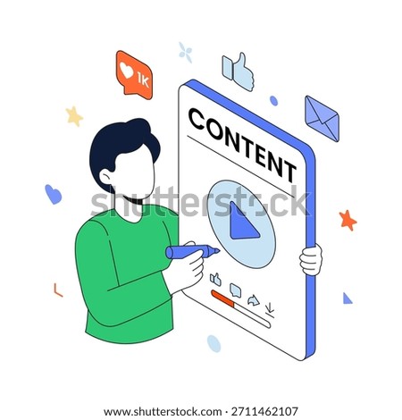 Content creation concept. A content creator holding a large content creation page and a marker. 3D isometric illustration. Isolated vector for banner, poster, presentation, infographic, webs, apps.