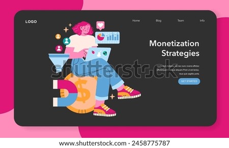 Content Creation concept. Female blogger with a laptop illustrating online monetization techniques. Social media engagement leads to revenue. Vector illustration.