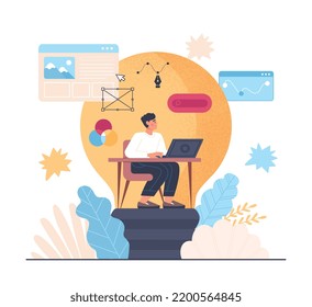 Content creation concept. Man with laptop sits in light bulb. Brainstorming, insights and ideas, innovation. SMM specialist at work, freelancer and remote employee. Cartoon flat vector illustration