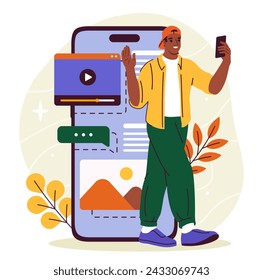Content creation concept. Man with smartphone in hands near articles with text and pictures. Young guy with articles in social networks. Cartoon flat vector illustration isolated on white background