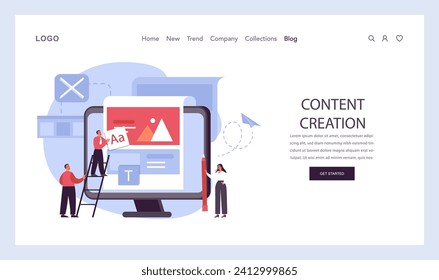 Content Creation concept. Team collaboratively designing engaging digital content, showcasing web design and text editing. Visualizing the content development process. Flat vector illustration