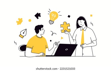 Content creation. Concept of technological, digital creative profession. People with laptop collect puzzle pieces in search of new ideas. Flat cartoon vector illustration.