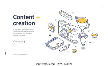 Content creation concept web banner template. A camera, trophy, notepad, and other elements highlight the creative process effectively. Vector illustration