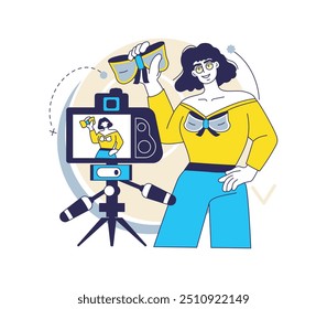 Content creation. Creative blogger. Woman making photo. Photography camera at tripod. Social media influencer recording video. Fashion blog. Vlog creator. Studio shoot. Live streaming. Vector concept