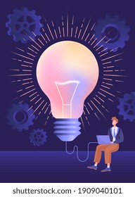 Content creation and creative ideas concept. Man sitting next to electric lighbulb and working on laptop. Symbol of creative occupation, writing, copywriting, blogging Flat cartoon vector illustration