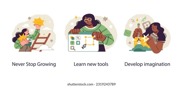 Content creation, creative people, concept of brainstorming or creative thinking. Vector illustration