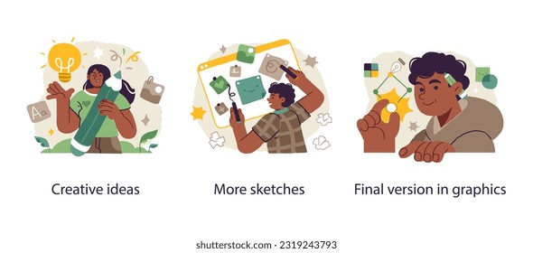 Content creation, creative people, concept of brainstorming or creative thinking. Vector illustration