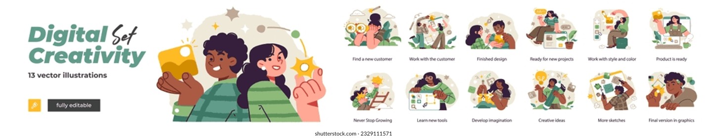 Content creation, creative people, concept of brainstorming or creative thinking. Vector illustration
