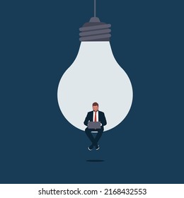 Content Creation, Creative Person. Businessman Sitting In Light Bulb With Laptop. Symbol Of Creativity, Writing, Blogging, Copywriting. Vector Illustration Concept.