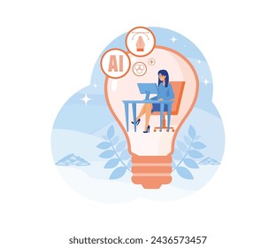 Content creation, creative person concept. Woman developer or Designer sitting in lightbulb with laptop and works on creative project. flat vector modern illustration