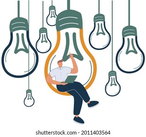 Content creation, creative person vector concept. Man sitting in lighbulb with laptop. Symbol of creativity, writing, blogging, copywriting. Eps10 illustration.