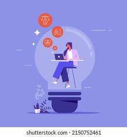 Content Creation, Creative Person Vector Concept. Woman Developer Or Designer Sitting In Lightbulb With Laptop And Works On Creative Project. Symbol Of Creativity, Writing, Copywriting