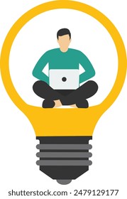 Content creation, creative person vector concept. Woman developer or Designer sitting in lightbulb with laptop and works on creative project. Symbol of creativity, writing, copywriting


