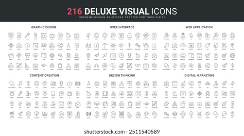 Content creation, creative thinking, user interface line icon set. Digital marketing, focus and audience magnet, growth in content engagement and likes thin black outline symbols vector illustration